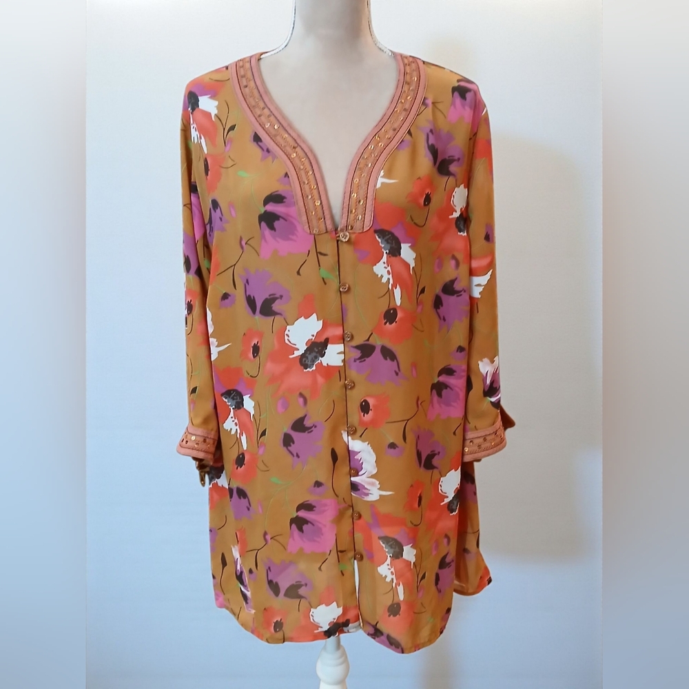 Maggie Barnes Orange Floral Flowy Sequin Lightweight Tunic Peasant Womans 1x